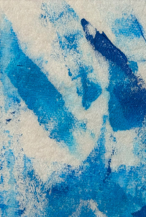 Abstract textured painting with layered brush and palette-knife strokes in blue.