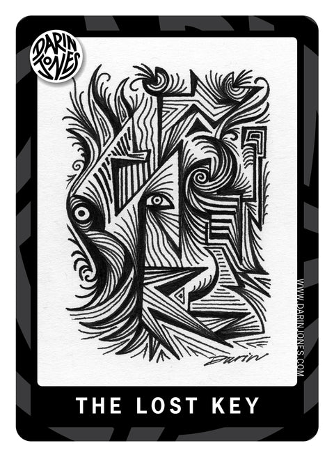 A black and white art print card titled 'THE LOST KEY' by artist Darin Jones, featuring a highly detailed abstract ink illustration of a face and key elements, a black and gray design border, the DARIN JONES logo in the upper left, and website on the right.