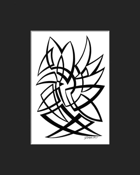 Black and white abstract pen‑and‑ink drawing with optical‑illusion, overlapping triangular shapes, matted in black.