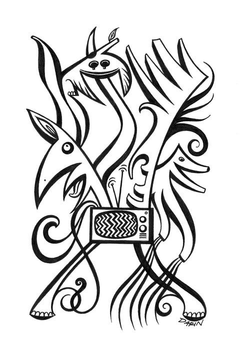 Black and white abstract pen‑and‑ink drawing with optical‑illusion shapes, featuring stylized animal and human figure forms, and a retro TV displaying static.
