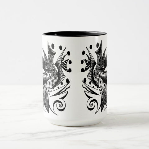 White ceramic coffee mug with a black handle and black interior, featuring a wrap‑around print of the artwork titled “The Factory.“