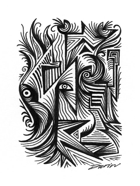 Black and white surreal pen‑and‑ink illustration with symbolic and geometric elements, featuring eye motifs and a hidden key.