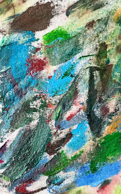 Abstract textured painting with layered brush and palette-knife strokes in blue, green, gray, brown, orange, and red.