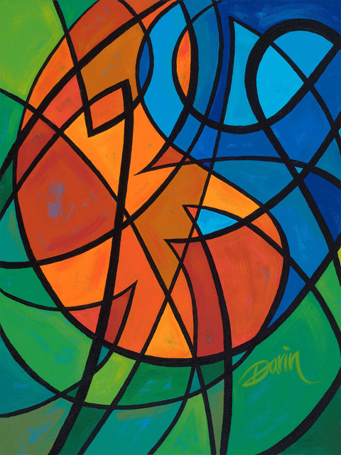 Geometric design painting with overlapping black curved lines forming an abstract yin-yang symbol with shades of orange and blue shapes surrounded by greens, signed 'Darin' in the lower right.