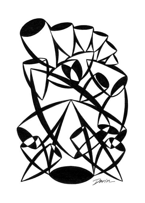 Black and white abstract pen‑and‑ink drawing with optical‑illusion shapes, featuring overlapping cylindrical and triangular forms.