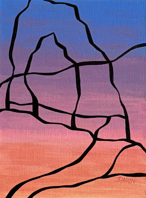 Abstract painting with a black outline of the Delicate Arch against a blue, purple, pink, and orange gradient background; signed, 'DARIN' in lower-right.