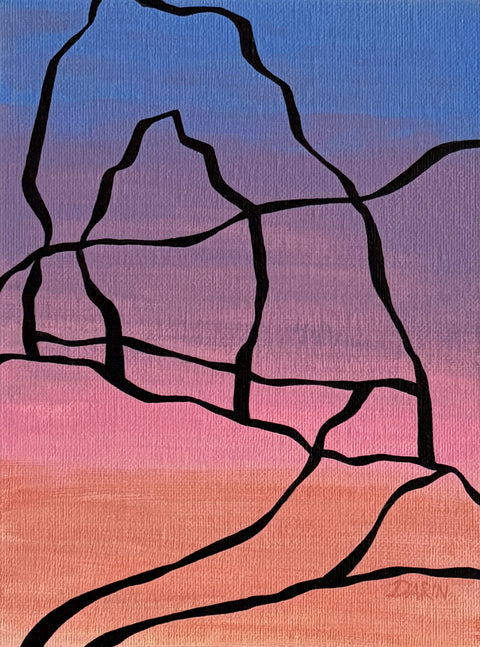 Abstract painting with a black outline of the Delicate Arch against a blue, purple, pink, and orange gradient background; signed, 'DARIN' in lower-right.