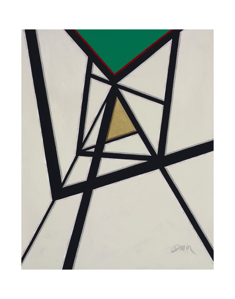 An abstract geometric painting featuring intersecting, straight, charcoal lines on a cream background, with a green triangle lined with red, at the top pointing downward, and a metallic gold triangle pointing upward, signed 'Darin,' with a white border.