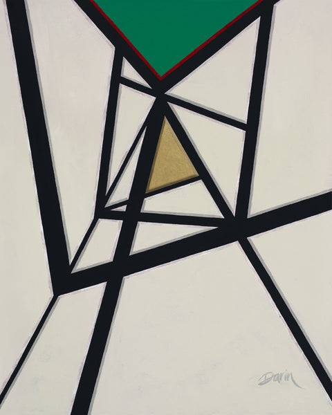 An abstract geometric painting featuring intersecting, straight, charcoal lines on a cream background, with a green triangle, lined with red, at the top—pointing downward, and a metallic gold triangle pointing upward, signed 'Darin,' in lower-right.