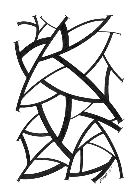 Black and white abstract pen‑and‑ink drawing with optical‑illusion shapes.