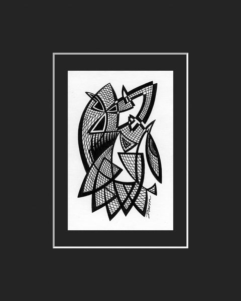 Black and white abstract pen‑and‑ink drawing with optical‑illusion shapes, featuring an abstract face with interlocking cross-hatched line patterns; matted in black.