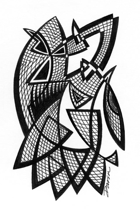 Black and white abstract pen‑and‑ink drawing with optical‑illusion shapes, featuring an abstract face with interlocking cross-hatched line patterns.
