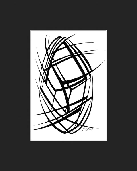 Black and white abstract pen‑and‑ink drawing with tapered lines and optical‑illusion shapes, matted in black.