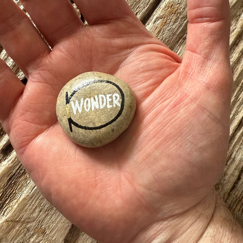 Hand‑painted stone with the word ‘WONDER’ in white within a black oval outline and metallic gold accent, resting in a person’s palm.