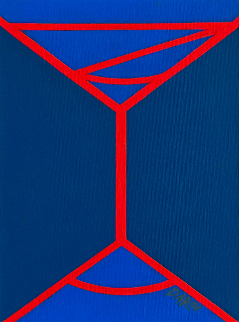 An abstract geometric painting featuring a minimalist red line design of a martini-like glass on a two-toned blue background; signed 'DARIN' in lower right.