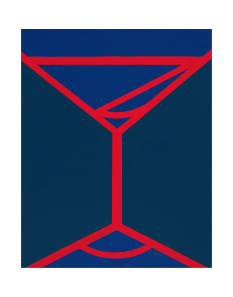 An abstract geometric painting featuring a minimalist red line design of a martini-like glass on a two-toned blue background; signed 'DARIN' in lower right, with a white border.