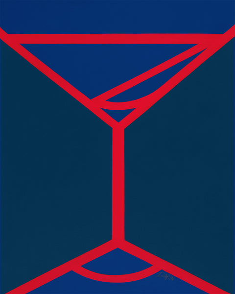 An abstract geometric painting featuring a minimalist red line design of a martini-like glass on a two-toned blue background; signed 'DARIN' in lower right.