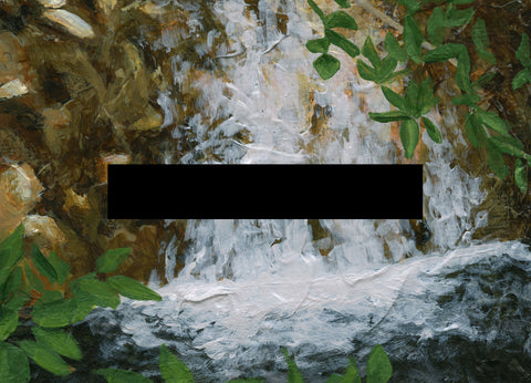 A textured painting of a small waterfall cascading over brown rocks, framed by vibrant green leaves in the foreground; signed 'Darin' in the bottom-right.