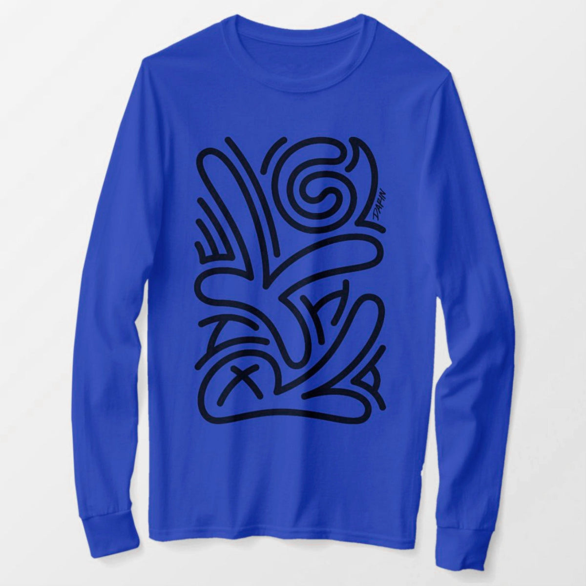 A royal blue long-sleeve t-shirt with a black abstract line art graphic printed on the front of the artwork 'Keith Haring.'