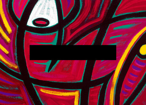Abstract colorful painting with bold black curvilinear linework forming geometric shapes in red, pink, purple, yellow, teal, and white, signed 'Darin' in the lower right corner.