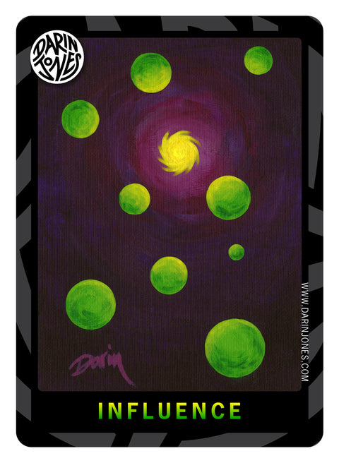 A cosmic painting with green orbs surrounding a yellow spiral on a dark purple space background. The title 'INFLUENCE' appears in gradient yellow-green at the bottom, with a black and gray design border, the DARIN JONES logo in the upper left, and website on the right.