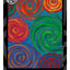 A painting of vibrant abstract design of swirling spiral patterns in red, orange, green, blue, and purple titled 'KALEIDOSCOPE' in blue at the bottom, with a black and gray design border, the DARIN JONES logo in the upper left, and website on the right.