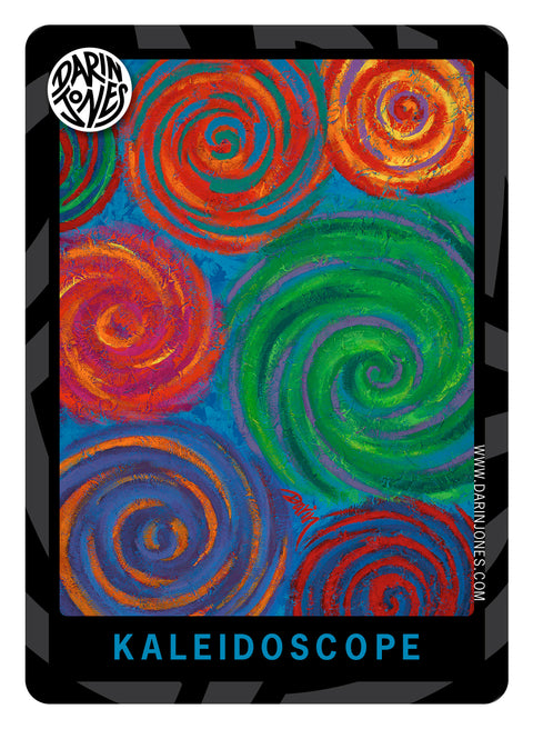 A painting of vibrant abstract design of swirling spiral patterns in red, orange, green, blue, and purple titled 'KALEIDOSCOPE' in blue at the bottom, with a black and gray design border, the DARIN JONES logo in the upper left, and website on the right.