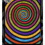 A painting of dual spirals, each beginning with yellow and blue and both changing colors through the spectrum to their outer parts. The word 'RECOIL' appears in similar colored letters at the bottom, with a black and gray design border, the DARIN JONES logo in the upper left, and website on the right.