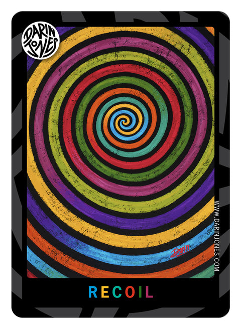 A painting of dual spirals, each beginning with yellow and blue and both changing colors through the spectrum to their outer parts. The word 'RECOIL' appears in similar colored letters at the bottom, with a black and gray design border, the DARIN JONES logo in the upper left, and website on the right.
