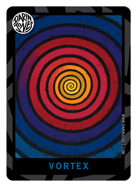 A painting of a psychedelic spiral design, beginning with yellow in the center and changing to orange, red, purple and blue. The word 'VORTEX' appears at the bottom in blue text, with a black and gray design border, the DARIN JONES logo in the upper left, and website on the right.