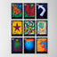 A 3x3 grid of colorful abstract art trading cards displayed inside a clear plastic binder sleeve with holes in the left side tab for binder storage. Each card has a black and gray design border, a vibrant abstract design, and corresponding titles of the artwork at the bottoms.