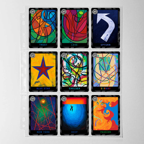 A 3x3 grid of colorful abstract art trading cards displayed inside a clear plastic binder sleeve with holes in the left side tab for binder storage. Each card has a black and gray design border, a vibrant abstract design, and corresponding titles of the artwork at the bottoms.