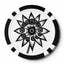 A black and white pen & ink illustration of the artwork "Flowerize" featuring eyes within clock-like flower petals inside a black-and-white-rimmed poker chip.