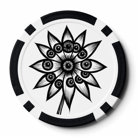 A black and white pen & ink illustration of the artwork "Flowerize" featuring eyes within clock-like flower petals inside a black-and-white-rimmed poker chip.