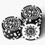 Two stacks of black and white circular poker chips with the logo feauturing the  'DARIN JONES' and the artwork 'Flowerize.'