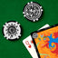 Two poker chips, one featuring the 'DARIN JONES' logo side and the artwork side 'Flowerize,' with fanned playing cards of a Queen of hearts and artwork 'Passion' arranged on a green felt surface.