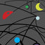 Abstract graphic art, featuring black curved lines and suspended geometric shapes, as a mobile, in red, green, yellow, light and bright blue, and purple on a dark gray background, with artist signature 'DARIN' in the lower-right corner.