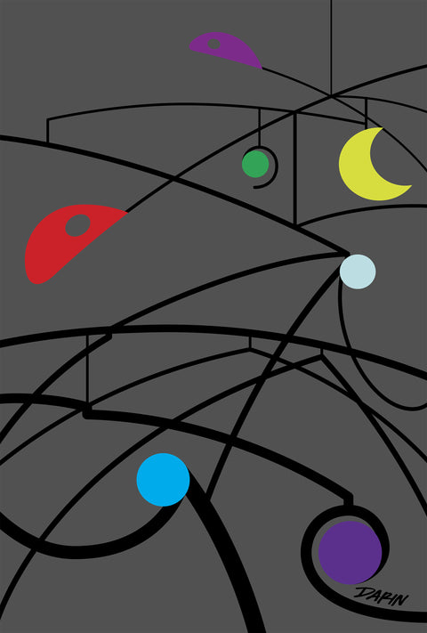 Abstract graphic art, featuring black curved lines and suspended geometric shapes, as a mobile, in red, green, yellow, light and bright blue, and purple on a dark gray background, with artist signature 'DARIN' in the lower-right corner.