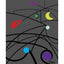 Abstract graphic art, featuring black curved lines and suspended geometric shapes, as a mobile, in red, green, yellow, light and bright blue, and purple on a dark gray background, with artist signature 'DARIN' in the lower-right corner and a white border.