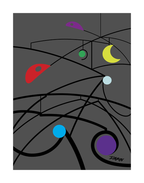 Abstract graphic art, featuring black curved lines and suspended geometric shapes, as a mobile, in red, green, yellow, light and bright blue, and purple on a dark gray background, with artist signature 'DARIN' in the lower-right corner and a white border.