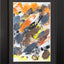 Abstract textured painting with layered brush and palette-knife strokes in orange, yellow, black, gray, and brown on a white background; matted and framed in black.