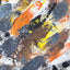 Abstract textured painting with layered brush and palette-knife strokes in orange, yellow, black, gray, and brown on a white background.