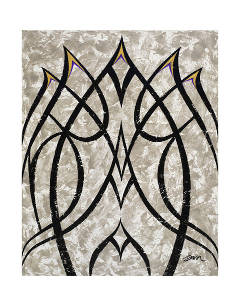 Abstract geometric design painting featuring near-symmetrical black exotic-style lines on a textured metallic beige and white background, with small gold and purple accents near the top points; signed 'Darin' in bottom-right, with a white border.