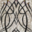 Abstract geometric design painting featuring near-symmetrical black exotic-style lines on a textured metallic beige and white background, with small gold and purple accents near the top points; signed 'Darin' in bottom-right.