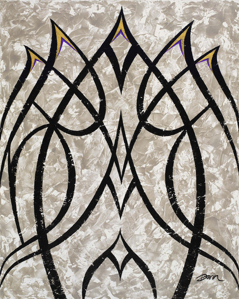 Abstract geometric design painting featuring near-symmetrical black exotic-style lines on a textured metallic beige and white background, with small gold and purple accents near the top points; signed 'Darin' in bottom-right.
