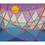 Abstract geometric painting of red-orange bridge-like linework with a golden yellow sun set against a purple sky and shades of blue ocean-like waves; signed 'Darin' in bottom-right, with a white border.