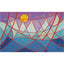 Abstract geometric painting of red-orange bridge-like linework with a golden yellow sun set against a purple sky and shades of blue ocean-like waves; signed 'Darin' in bottom-right, with a white border.