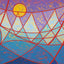Abstract geometric painting of red-orange bridge-like linework with a golden yellow sun set against a purple sky and shades of blue ocean-like waves; signed 'Darin' in bottom-right.