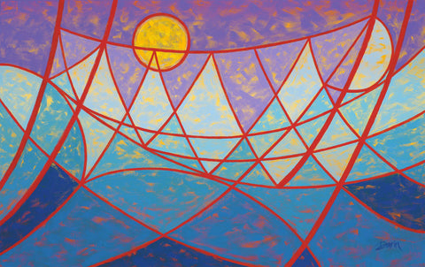 Abstract geometric painting of red-orange bridge-like linework with a golden yellow sun set against a purple sky and shades of blue ocean-like waves; signed 'Darin' in bottom-right.