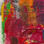 Abstract textured painting with layered brush and palette-knife strokes in bold red, magenta, green, yellow, orange, and black.